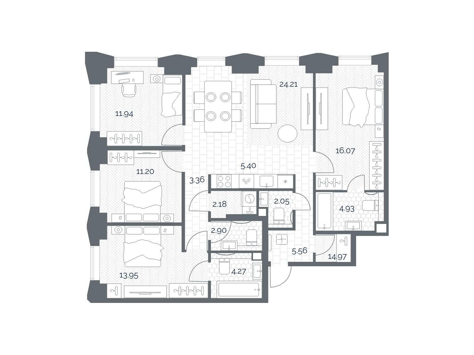 Планировка: 4-комн. квартира 109.93 м² в новостройке Тейт