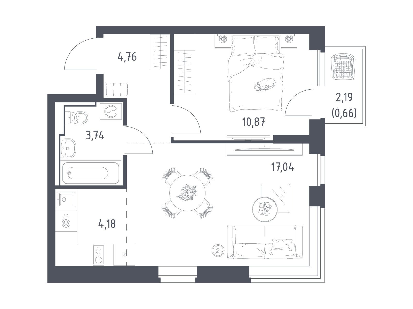 Планировка: 1-комн. квартира 41.25 м² в новостройке Новое Видное