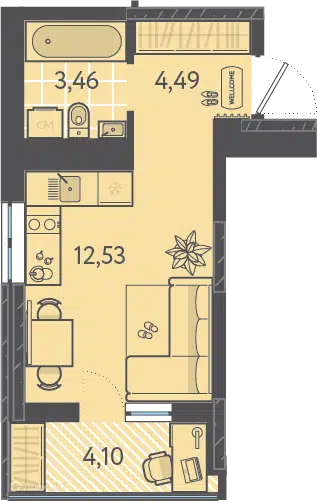 Планировка: Студия 22.53 м² в новостройке Теплые Края 1 очередь