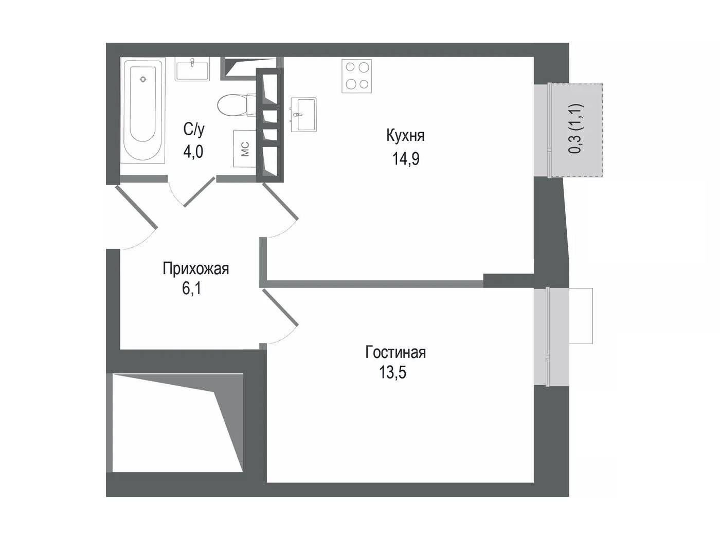 Планировка: 1-комн. квартира 38.50 м² в новостройке ЖК Киноквартал