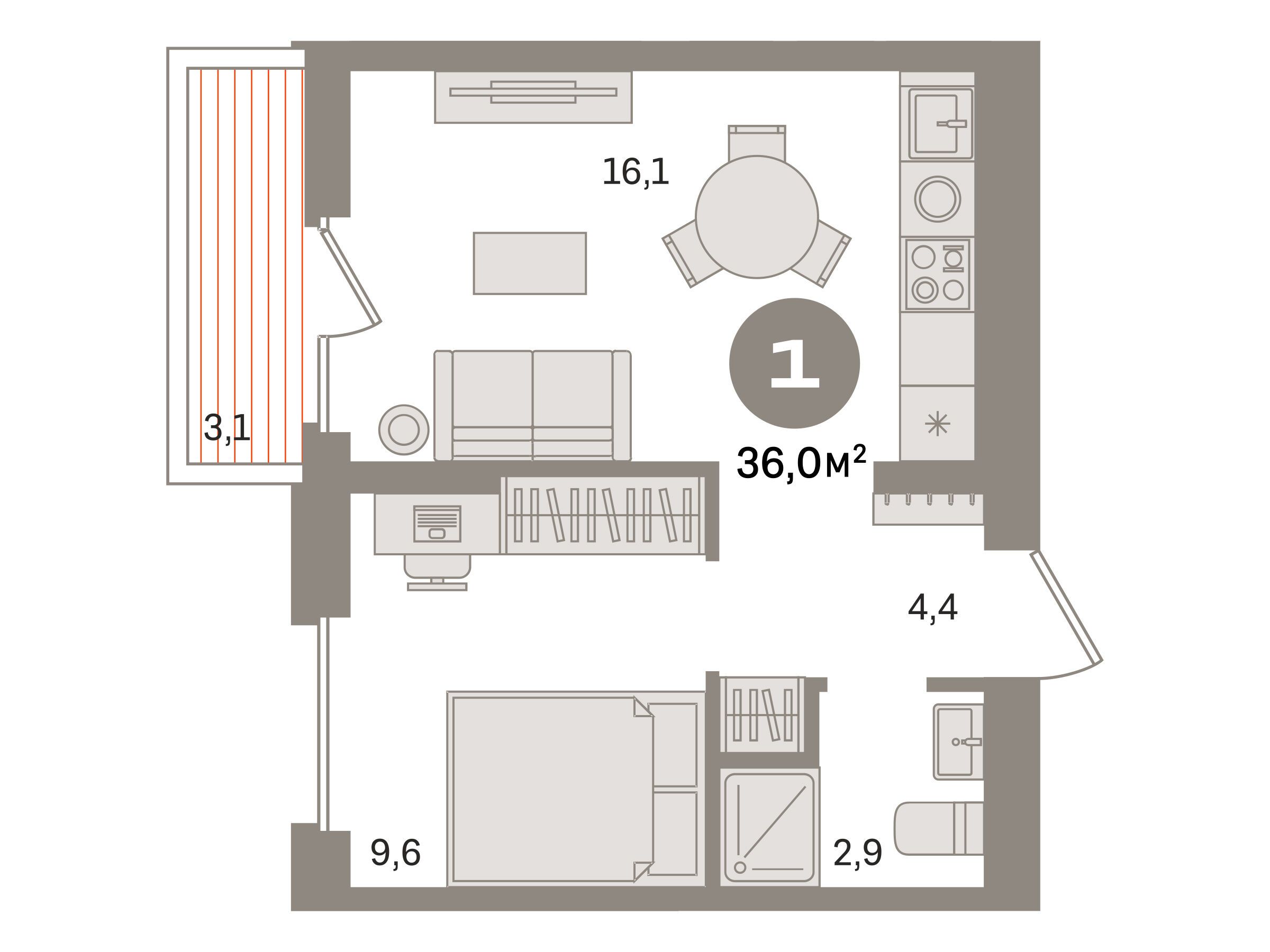 Планировка: 1-комн. квартира 36.00 м² в новостройке Первый квартал