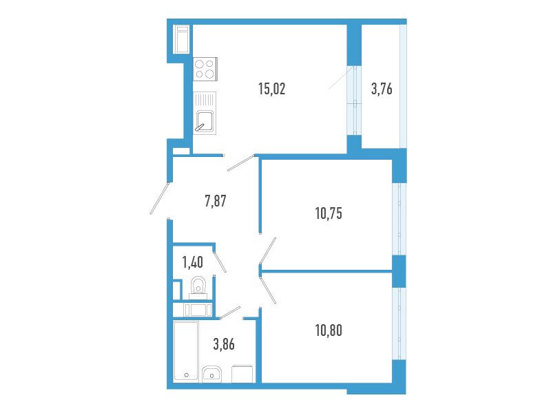 Планировка: 2-комн. квартира 51.58 м² в новостройке Аэросити