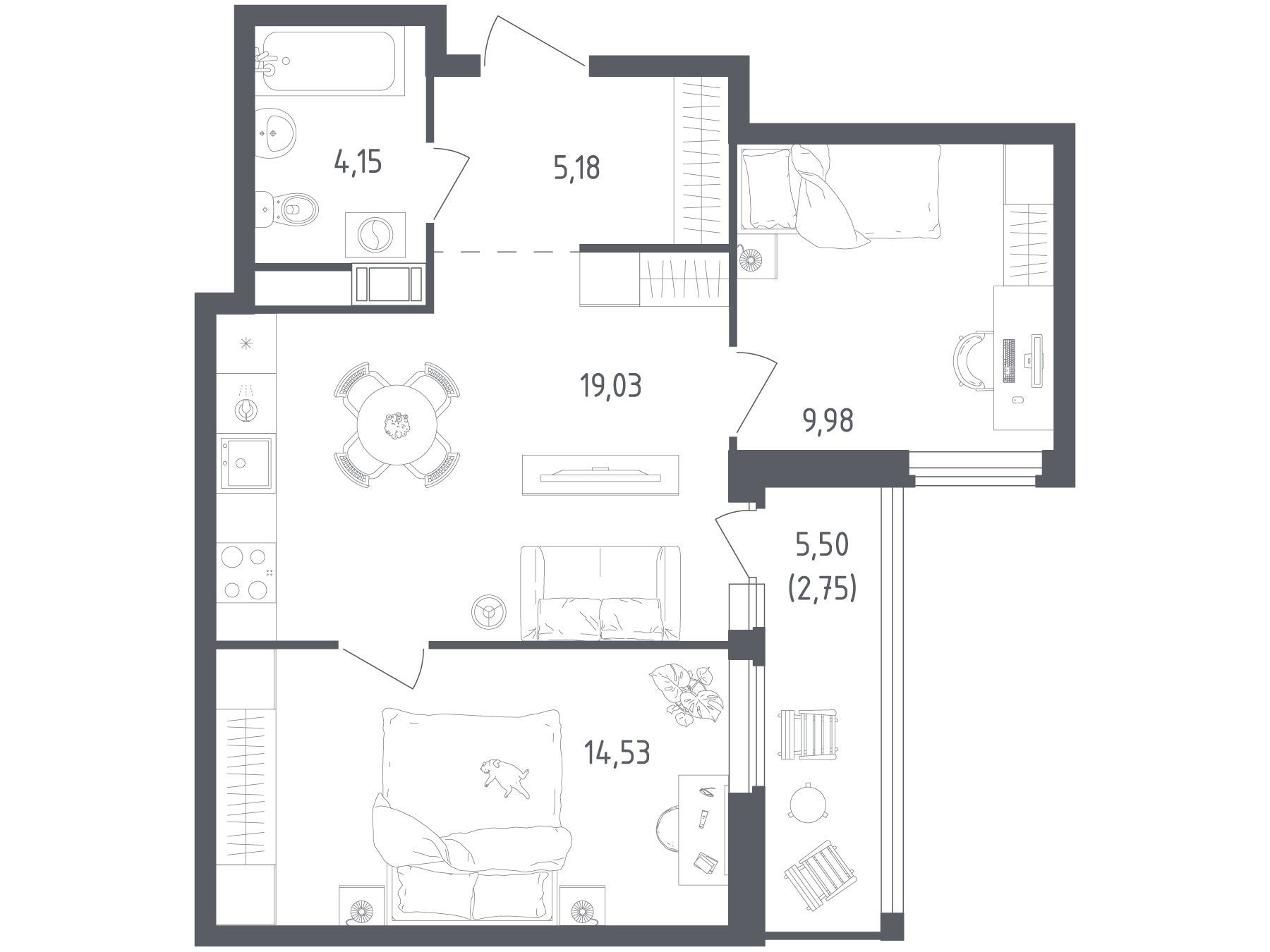 Планировка: 2-комн. квартира 55.62 м² в новостройке Южная Нева