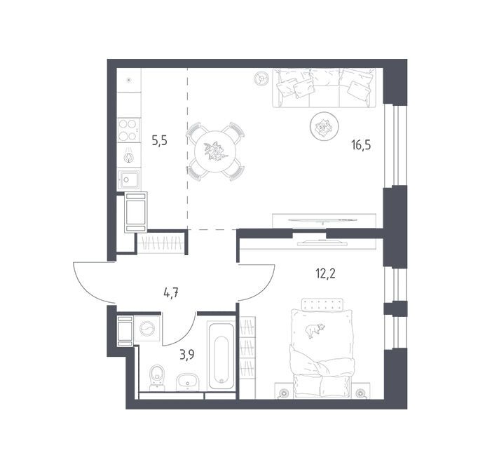Планировка: 1-комн. квартира 42.50 м² в новостройке Мытищи Парк