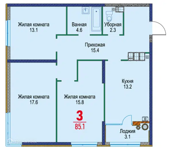 Планировка: 3-комн. квартира 85.10 м² в новостройке Красный Металлист