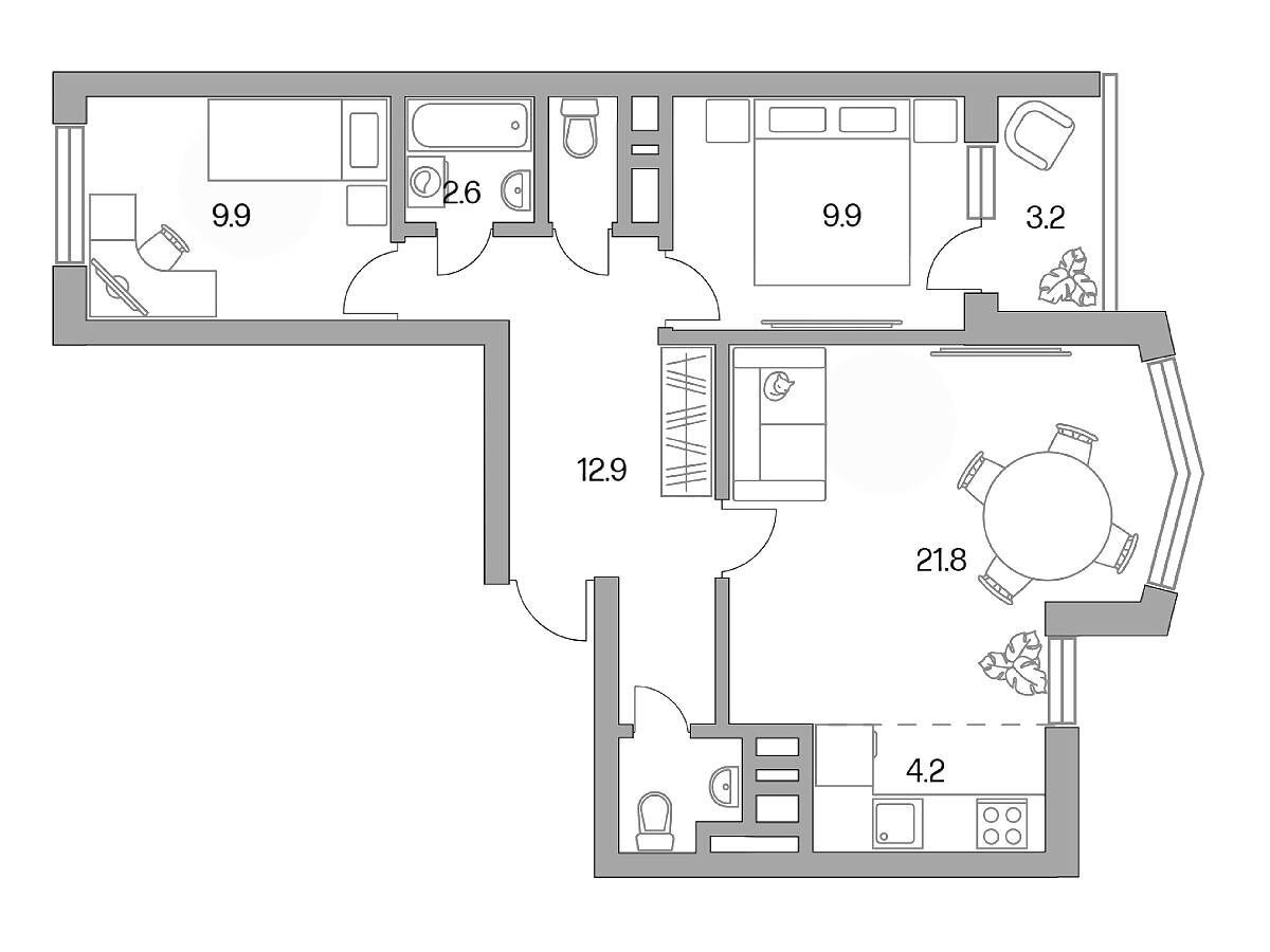 Планировка: 3-комн. квартира 67.80 м² в новостройке Высокие Жаворонки