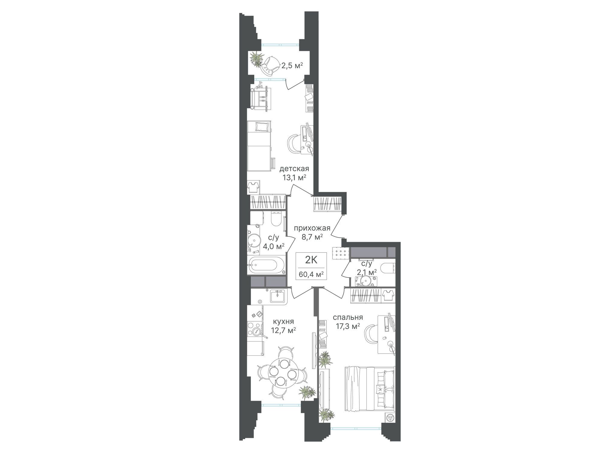 Планировка: 2-комн. квартира 60.40 м² в новостройке Варшавские ворота