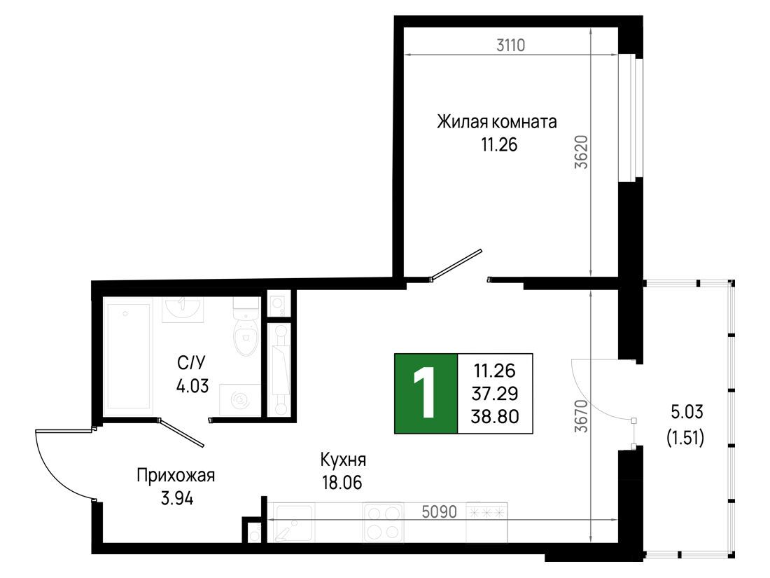 Планировка: 1-комн. квартира 38.80 м² в новостройке Имена