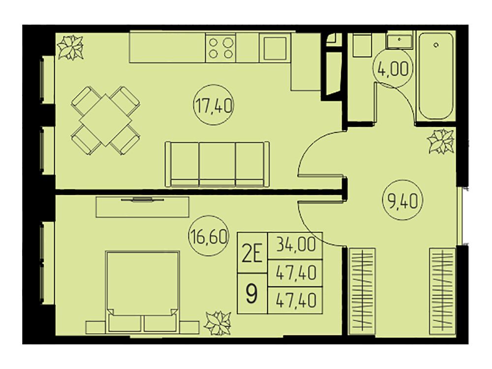 Планировка: 2-комн. квартира 47.40 м² в новостройке 31 квартал