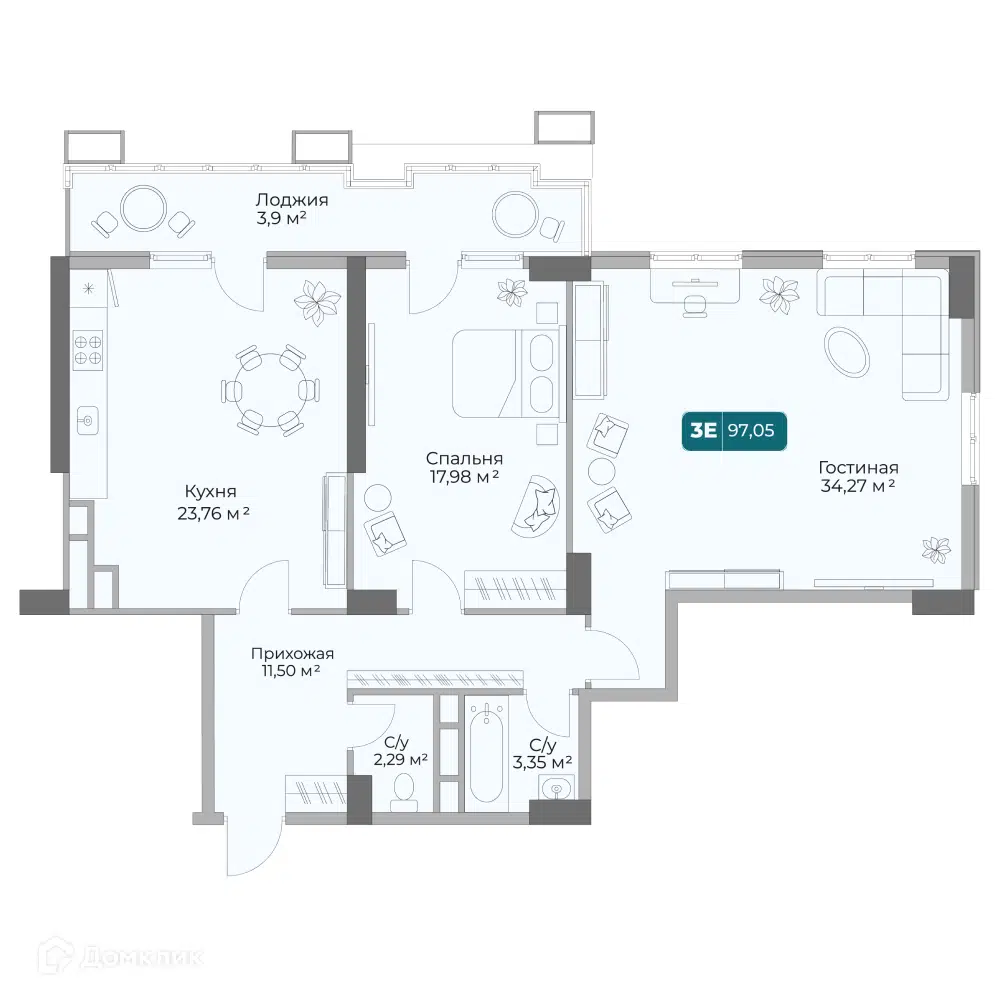 Планировка: 2-комн. квартира 97.05 м² в новостройке Золотой Берег 1