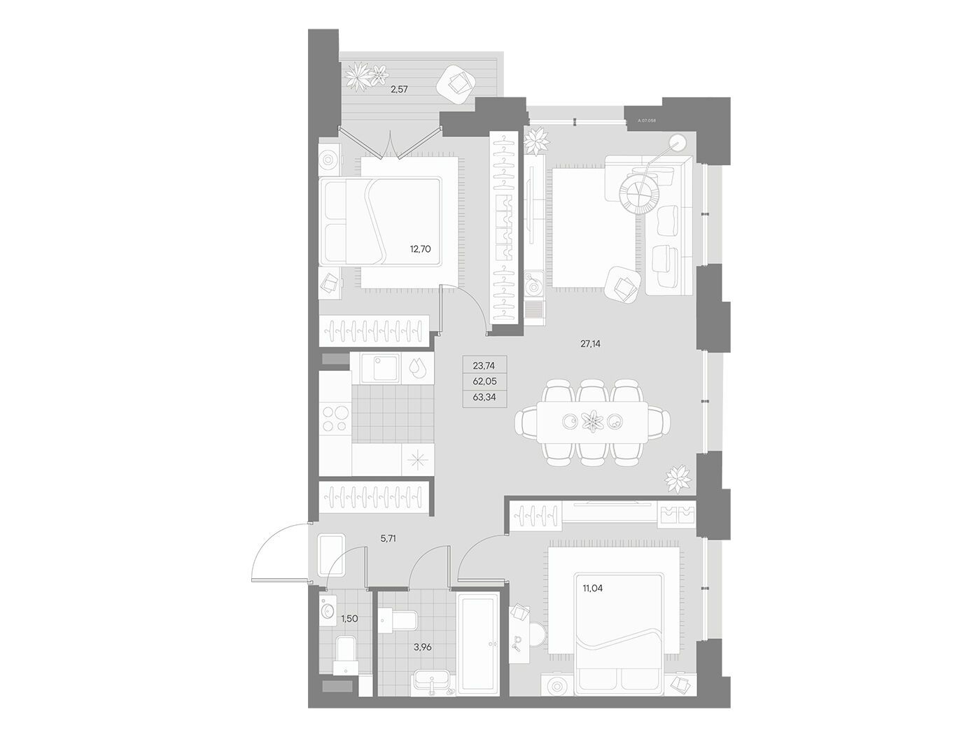 Планировка: 2-комн. квартира 63.34 м² в новостройке Альпен