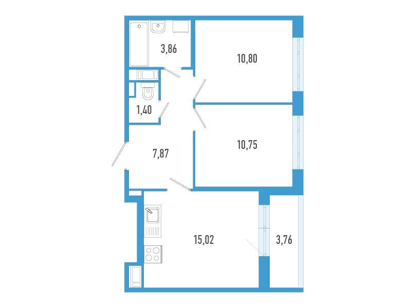 Планировка: 2-комн. квартира 51.58 м² в новостройке Аэросити
