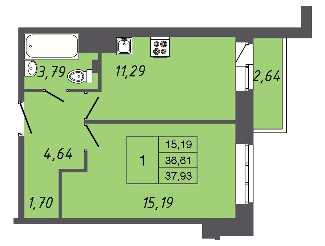 Планировка: 1-комн. квартира 38.05 м² в новостройке Апрель