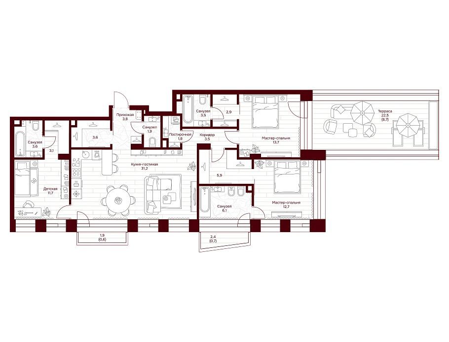 Планировка: 3-комн. квартира 123.00 м² в новостройке Дом 7 Даниловский