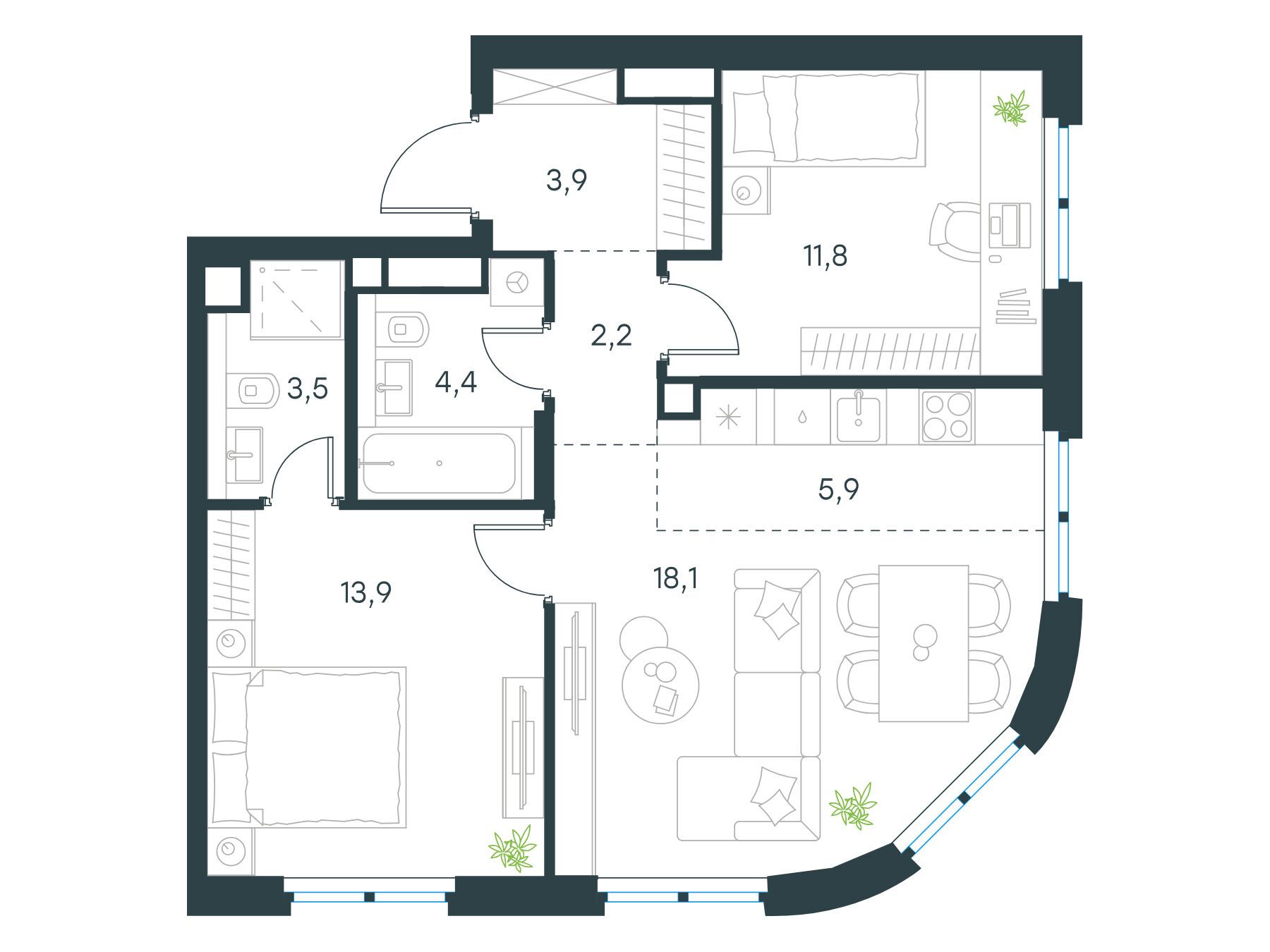 Планировка: 3-комн. квартира 63.70 м² в новостройке Левел Нижегородская