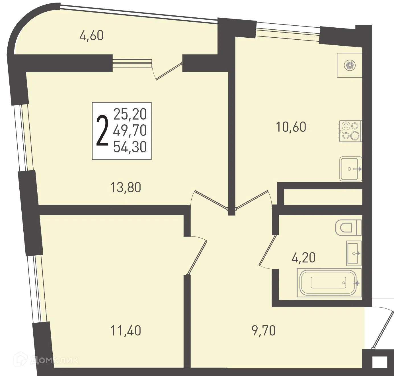 Планировка: 2-комн. квартира 54.30 м² в новостройке Огурцы