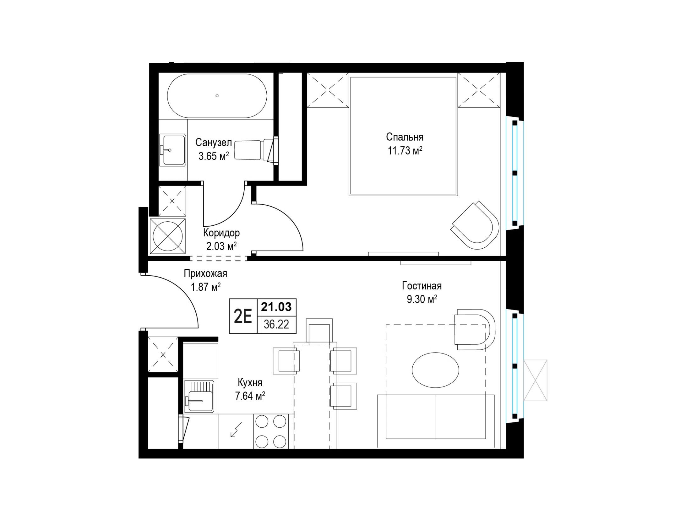 Планировка: 1-комн. квартира 36.30 м² в новостройке У реки Эко Видное 2