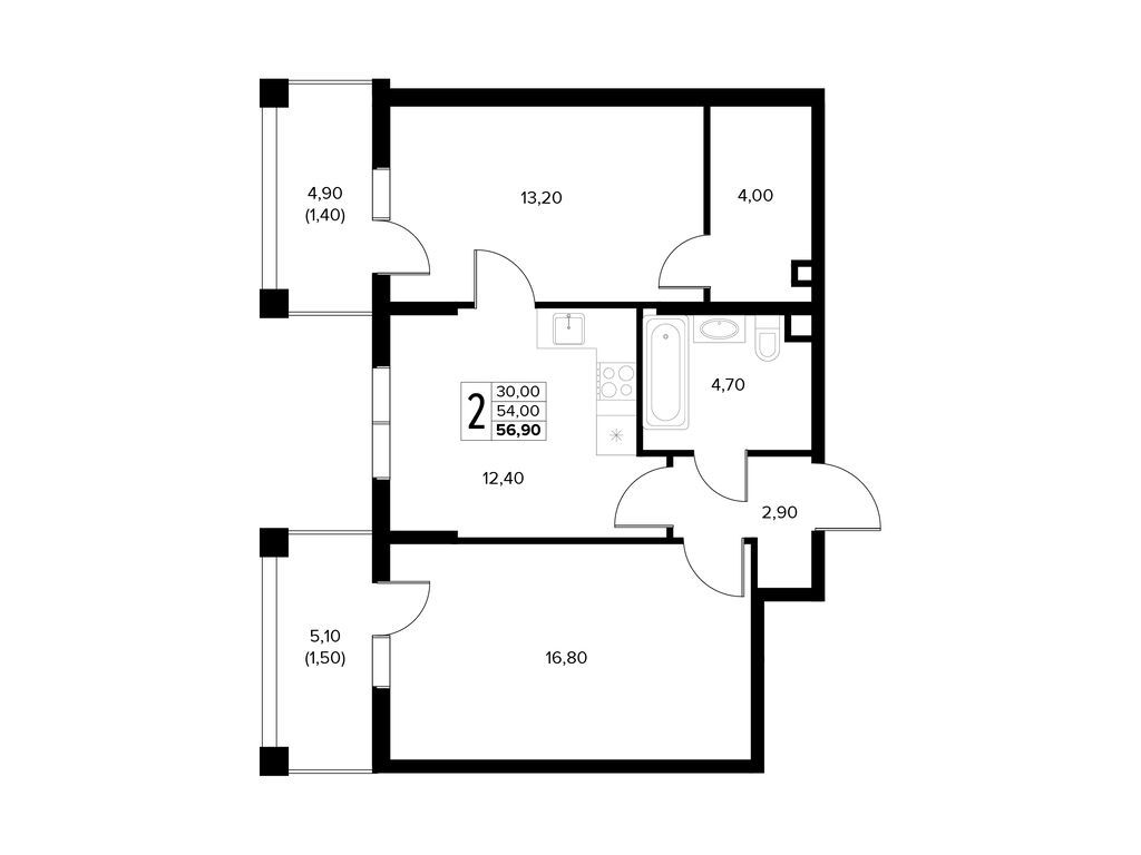 Планировка: 2-комн. квартира 56.90 м² в новостройке Кипарис