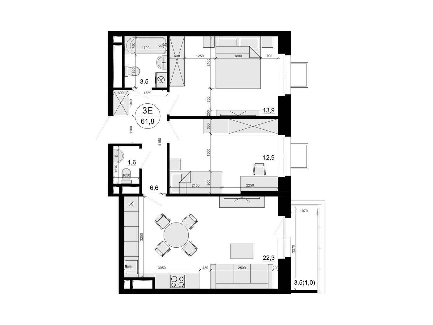 Планировка: 2-комн. квартира 61.80 м² в новостройке ЖК Одинцовские кварталы