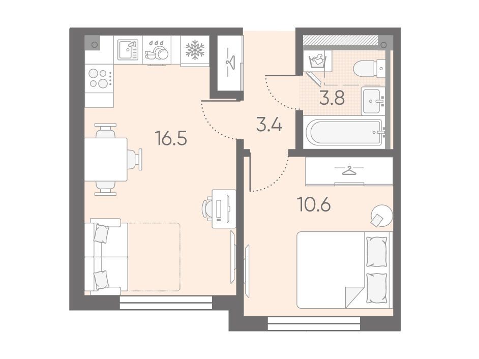 Планировка: 1-комн. квартира 34.30 м² в новостройке Пулково Лайк
