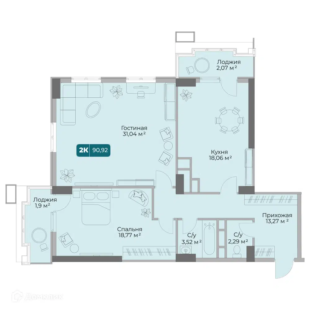 Планировка: 2-комн. квартира 90.92 м² в новостройке Золотой Берег 1