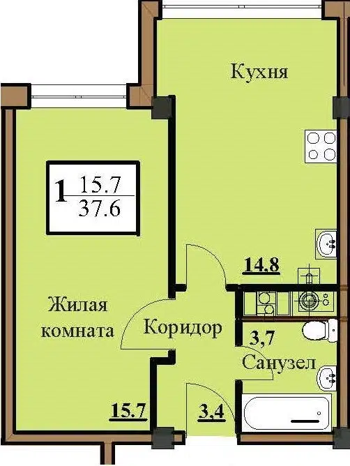 Планировка: 1-комн. квартира 36.70 м² в новостройке Северный-2
