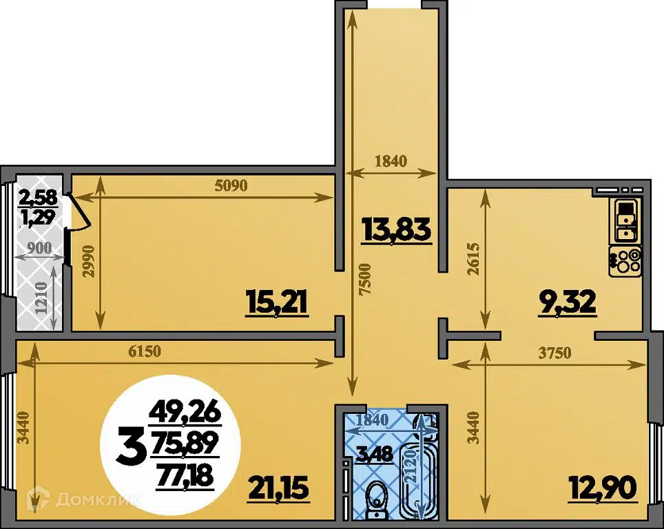 Планировка: 3-комн. квартира 77.18 м² в новостройке Молодежный 2 