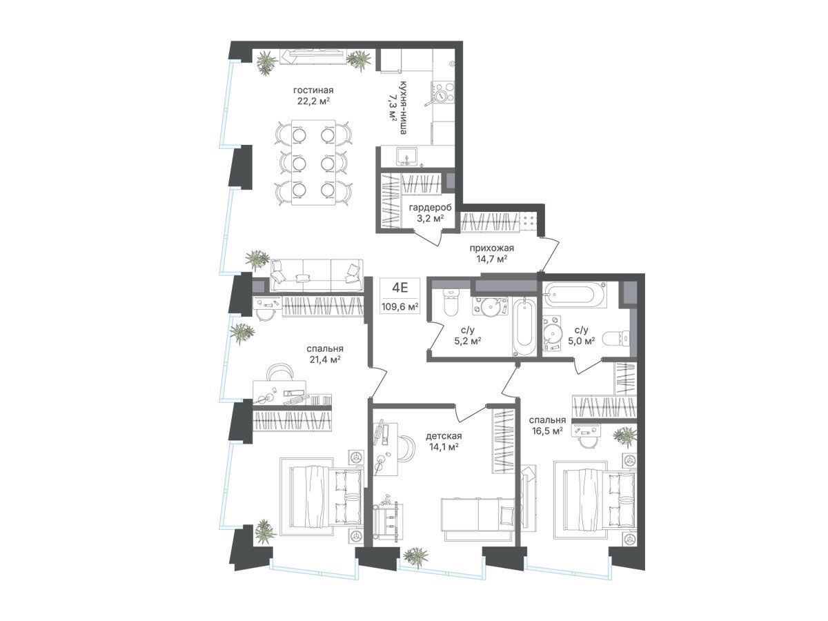 Планировка: 3-комн. квартира 109.60 м² в новостройке Петровский парк II