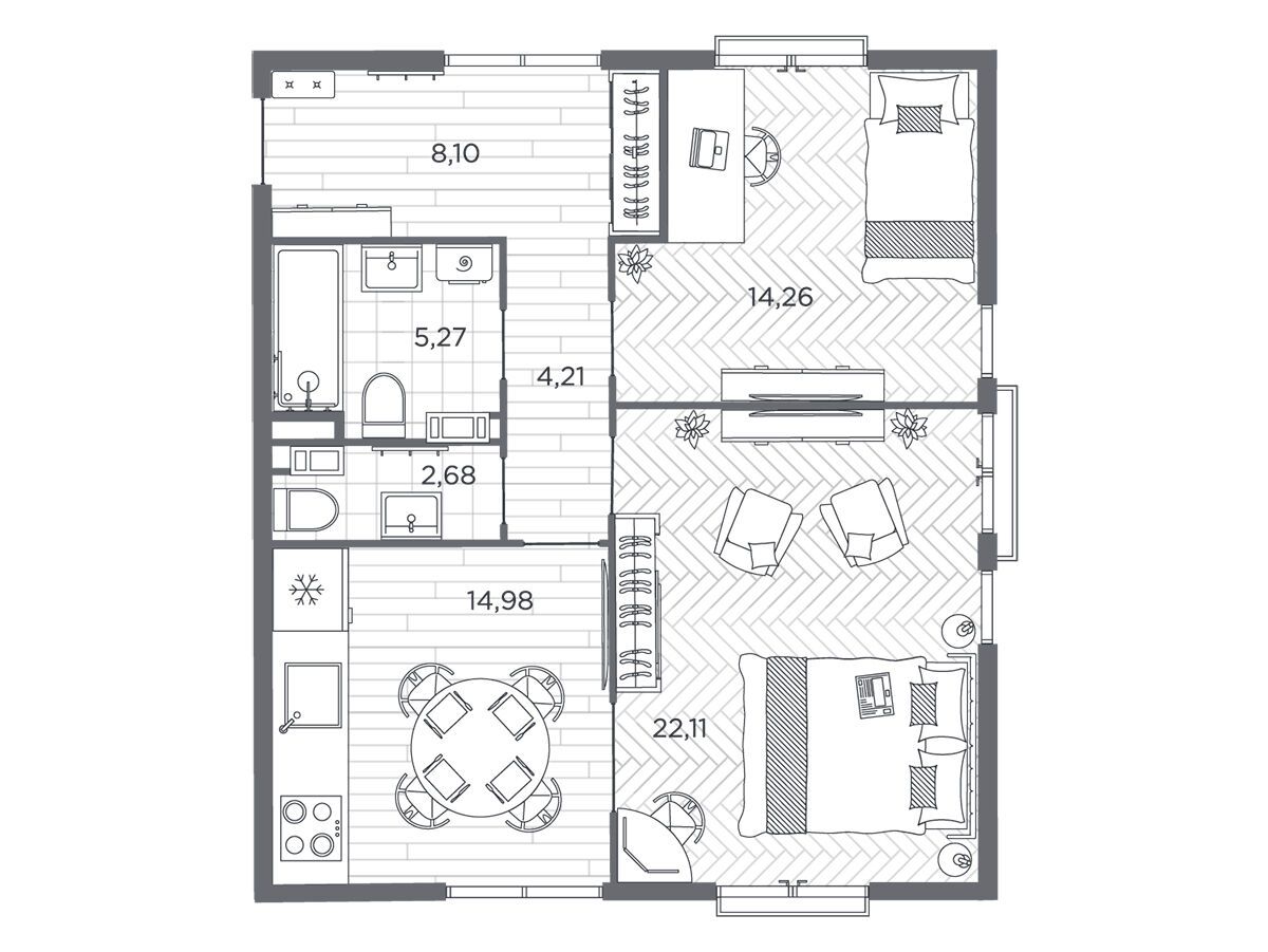 Планировка: 2-комн. квартира 71.10 м² в новостройке Бакунина 33