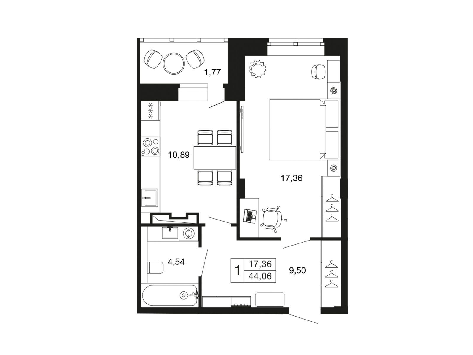 Планировка: 1-комн. квартира 42.30 м² в новостройке Времена года
