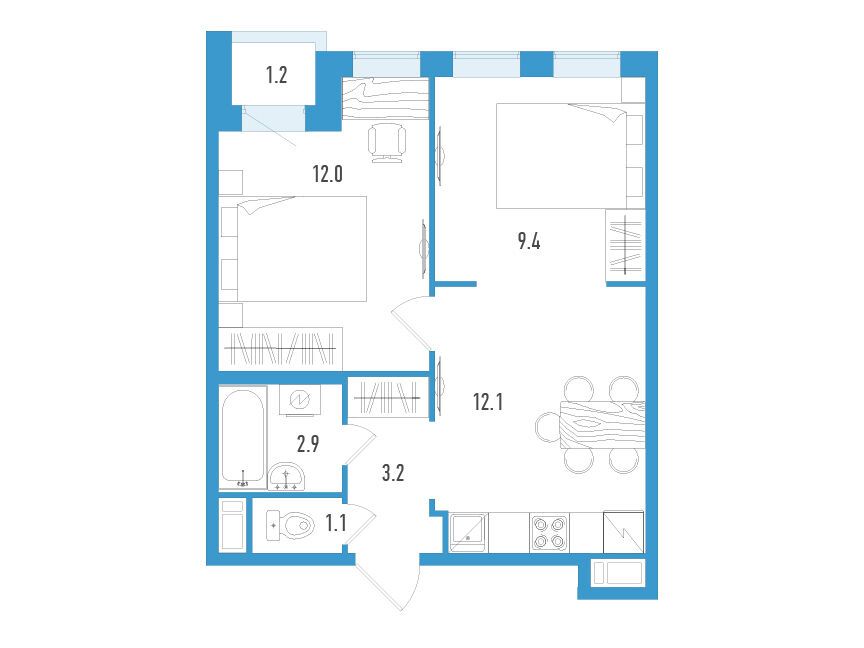 Планировка: 2-комн. квартира 41.30 м² в новостройке Аэросити Клаб