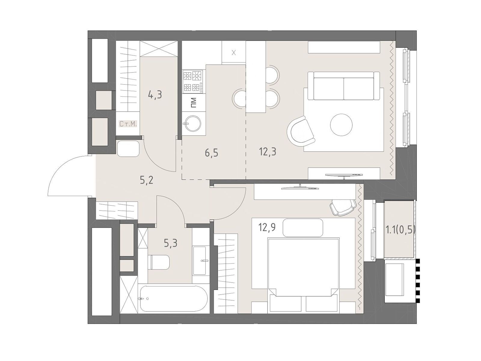Планировка: 2-комн. квартира 47.00 м² в новостройке ЖК Родина Парк