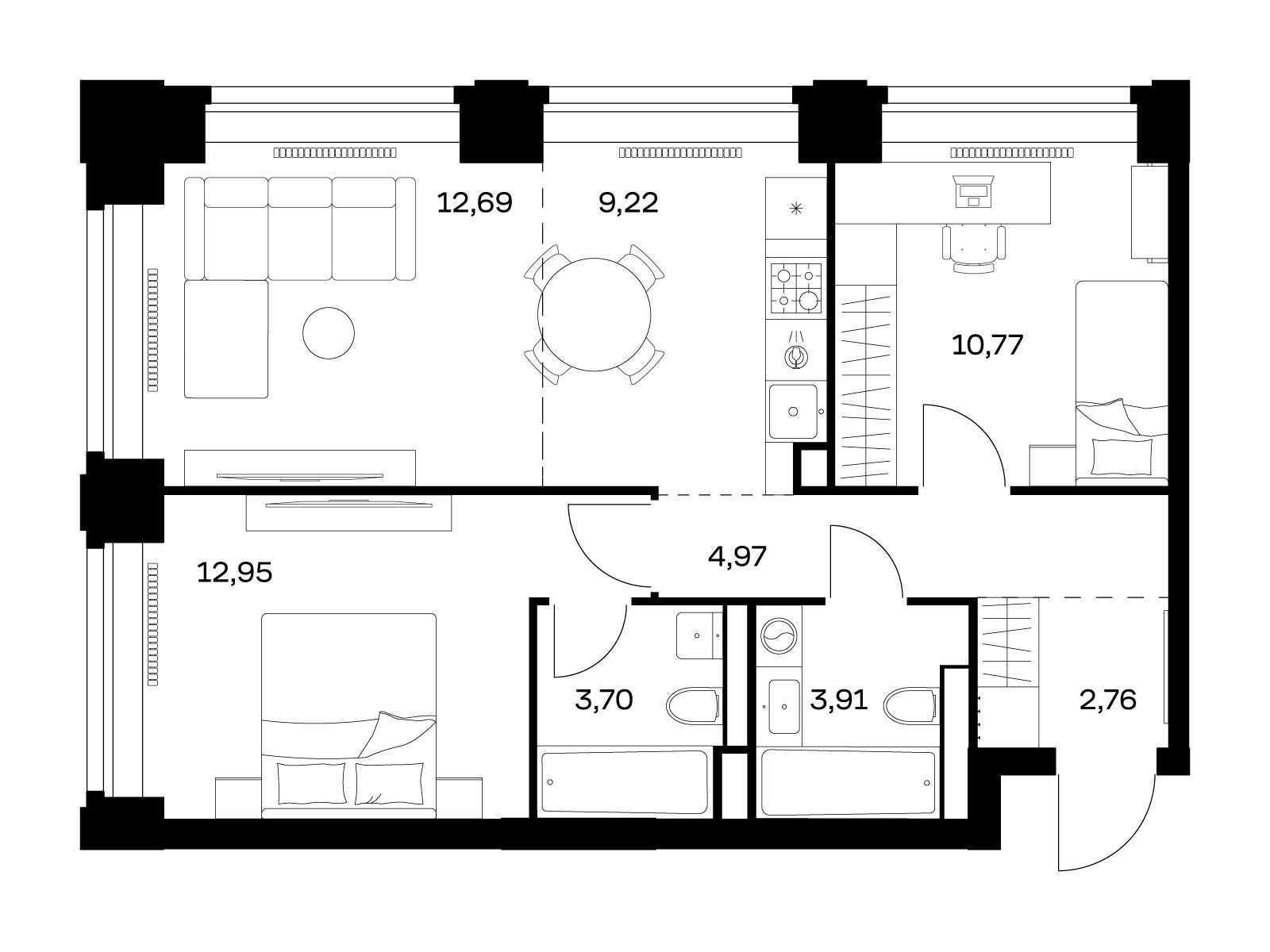 Планировка: 2-комн. квартира 60.97 м² в новостройке Нова