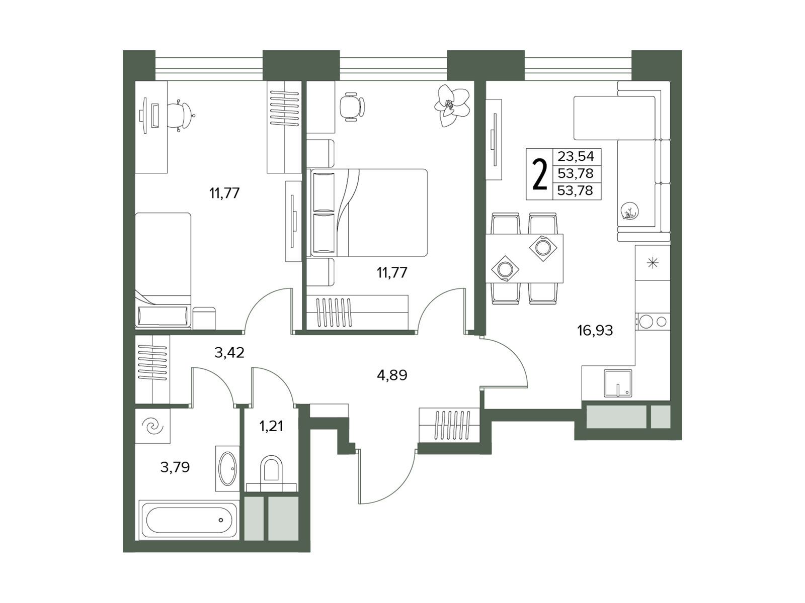 Планировка: 2-комн. квартира 53.78 м² в новостройке Городской бор