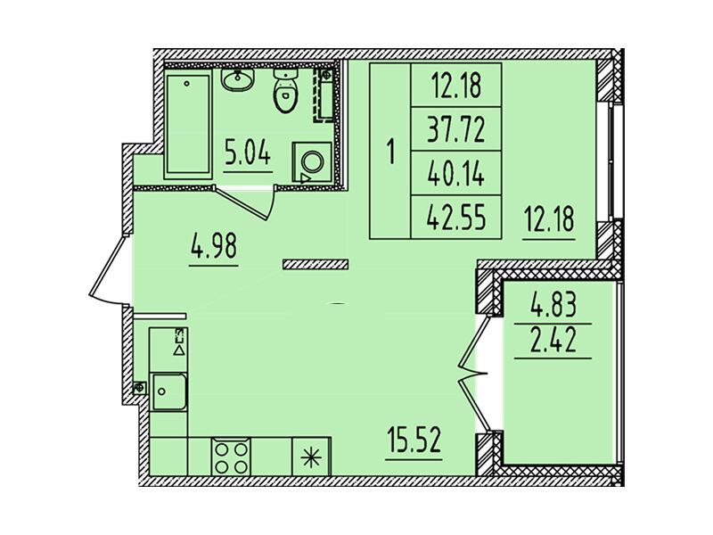Планировка: 1-комн. квартира 37.72 м² в новостройке Образцовый квартал 14