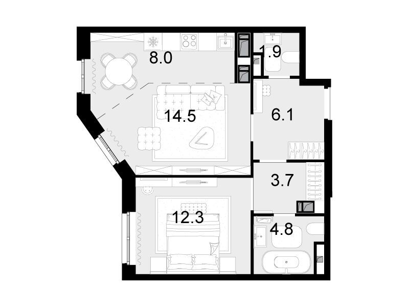 Планировка: 2-комн. квартира 50.70 м² в новостройке Новая Звезда II