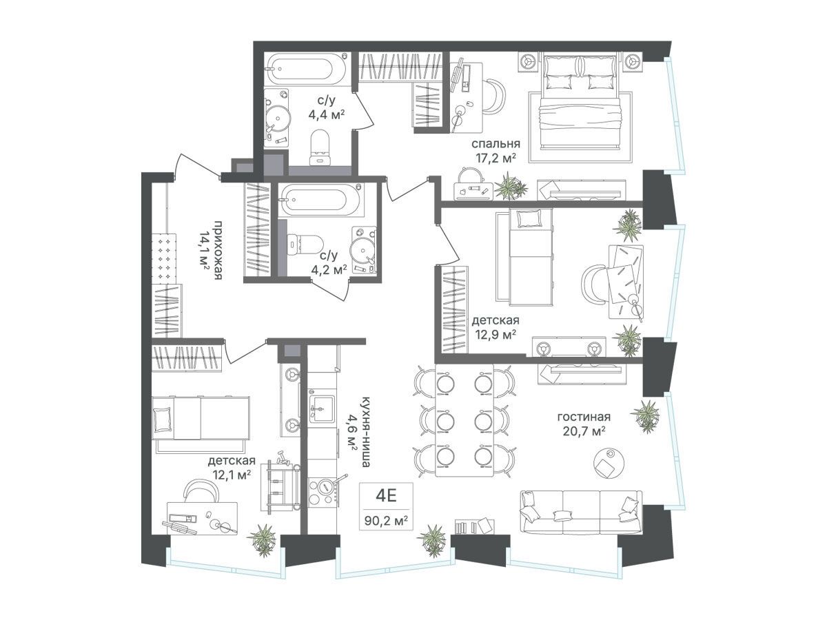 Планировка: 3-комн. квартира 90.20 м² в новостройке Петровский парк II