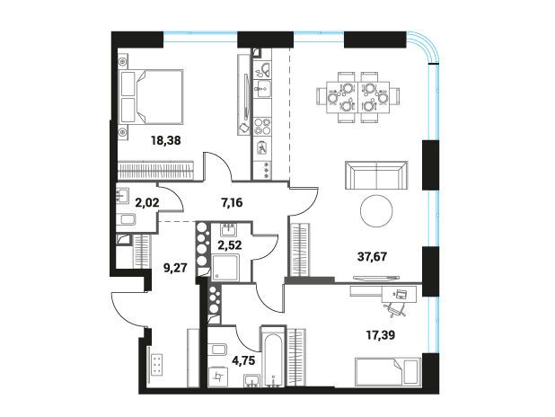 Планировка: 3-комн. квартира 99.16 м² в новостройке Инноватор