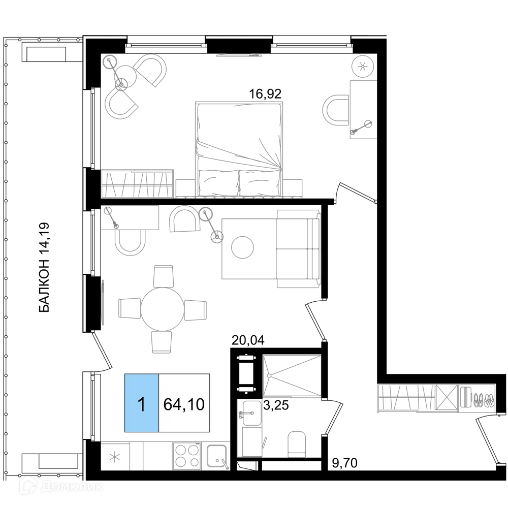 Планировка: 1-комн. квартира 64.10 м² в новостройке Корсаков