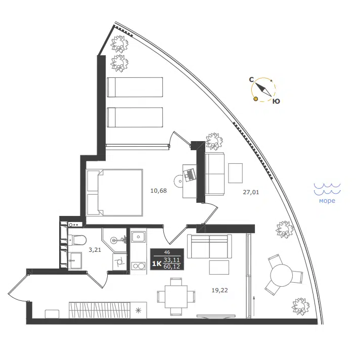 Планировка: 1-комн. квартира 60.12 м² в новостройке Апарт-комплекс Паруса мечты