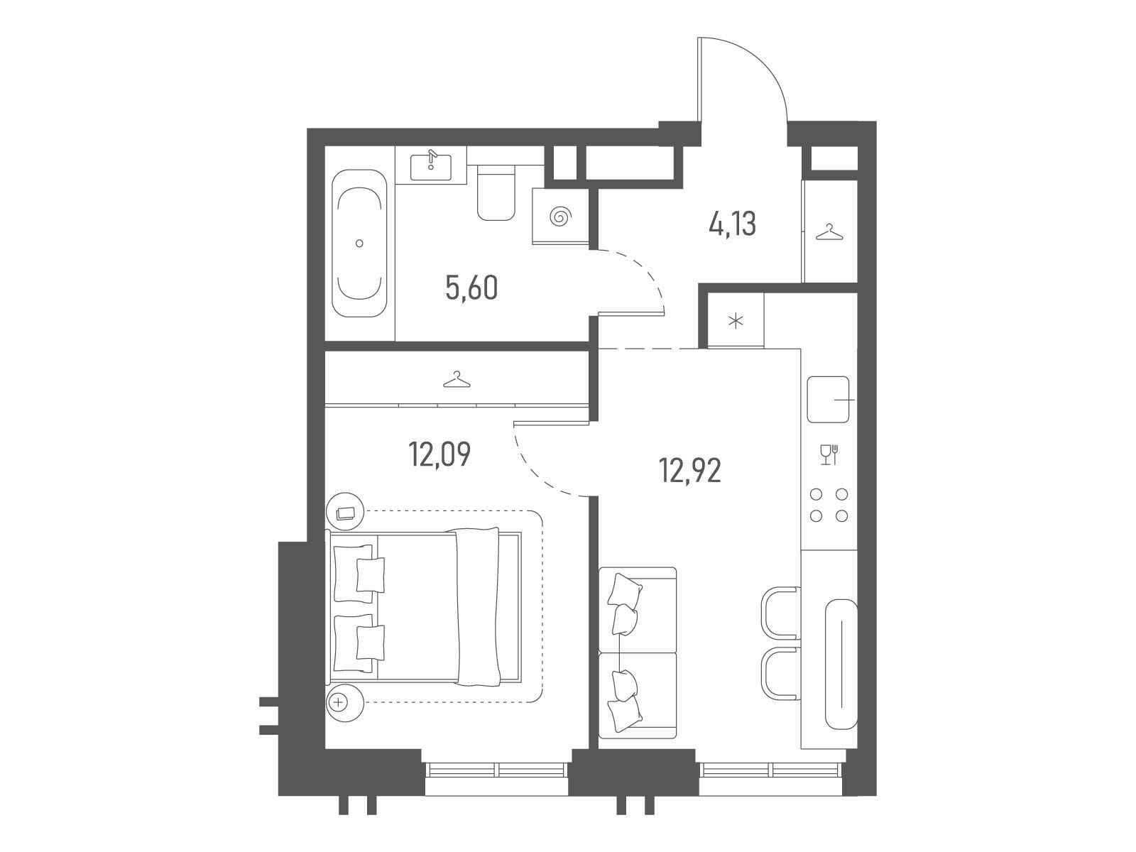 Планировка: 1-комн. квартира 34.74 м² в новостройке Индиво