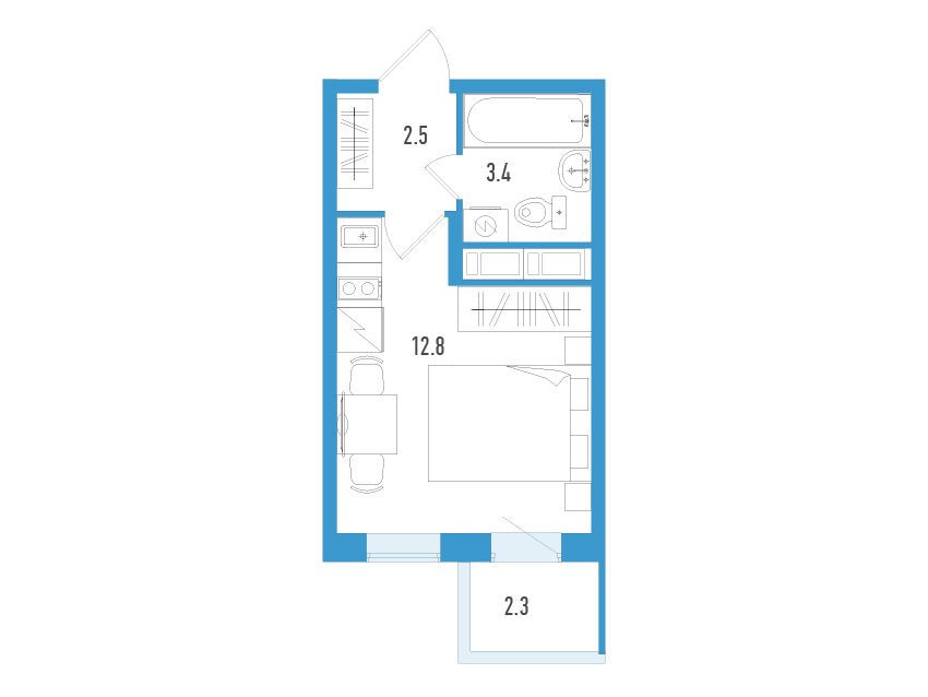 Планировка: Студия 19.40 м² в новостройке Аэросити Клаб