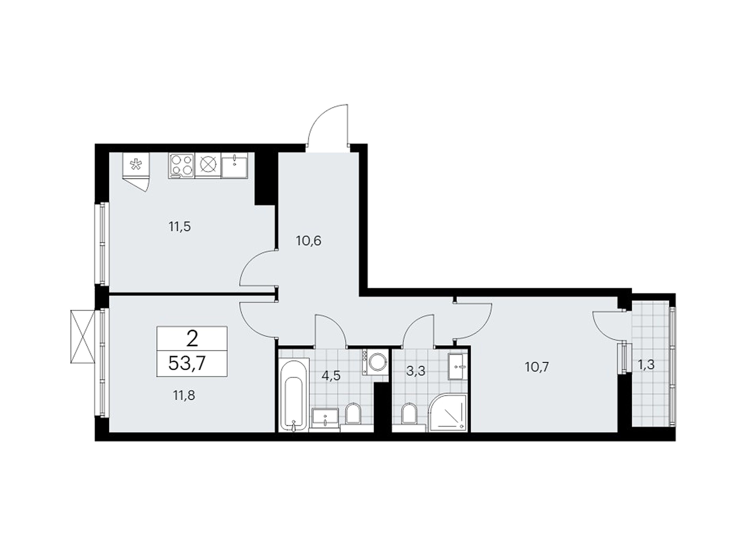 Планировка: 2-комн. квартира 53.60 м² в новостройке Бунинские кварталы