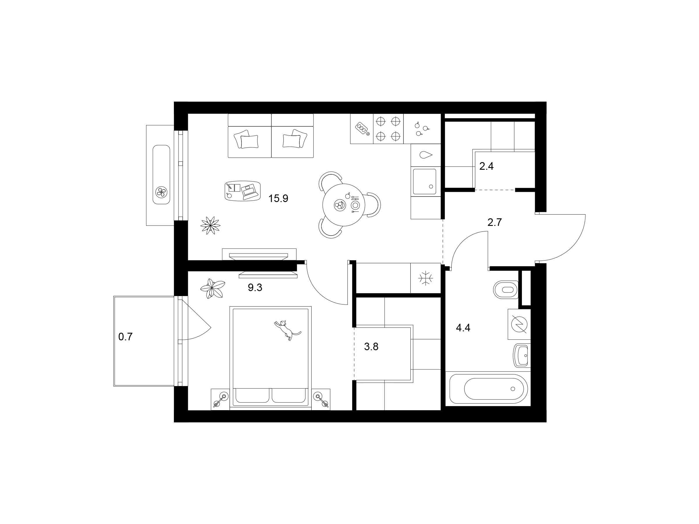 Планировка: 1-комн. квартира 39.20 м² в новостройке Середневский лес