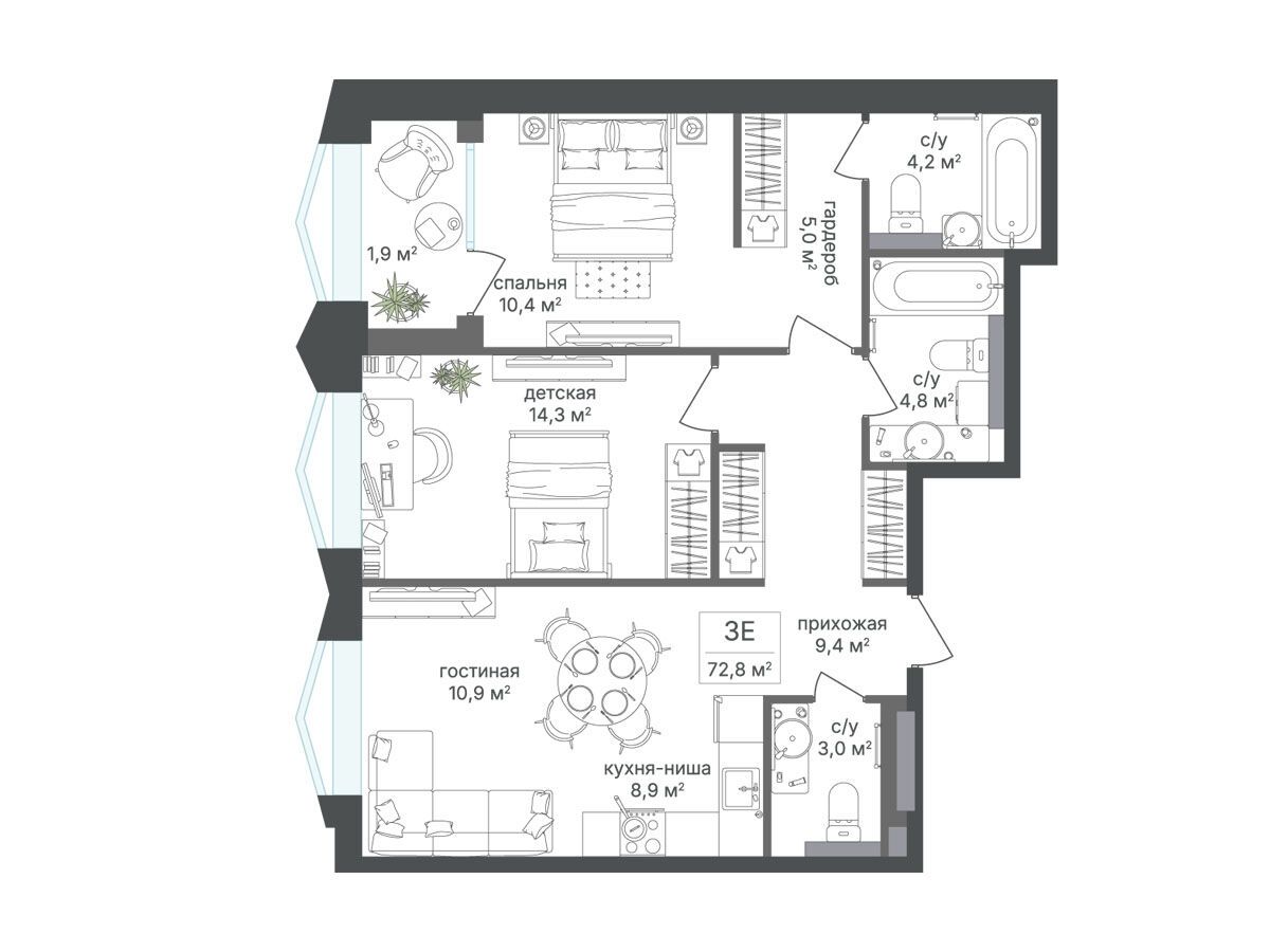 Планировка: 2-комн. квартира 72.80 м² в новостройке Петровский парк II