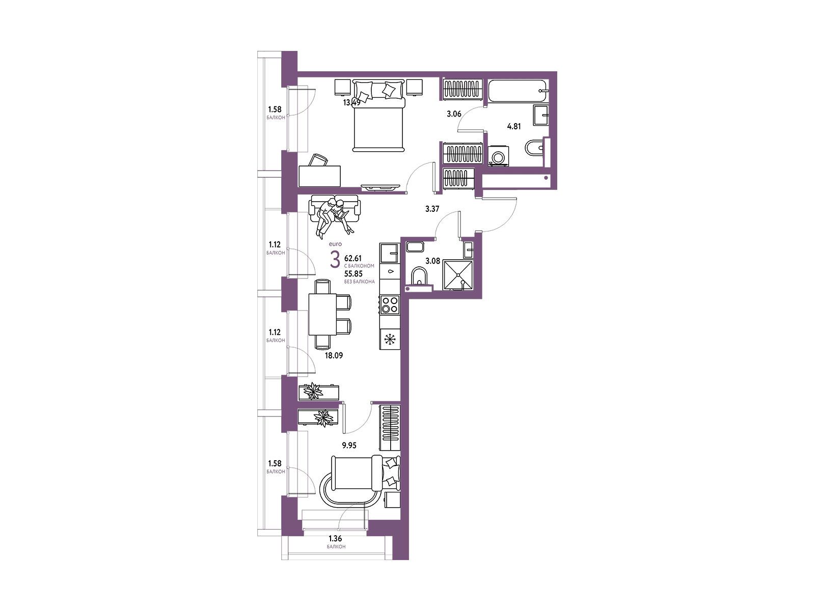 Планировка: 3-комн. квартира 62.61 м² в новостройке ЖК Страна Парковая