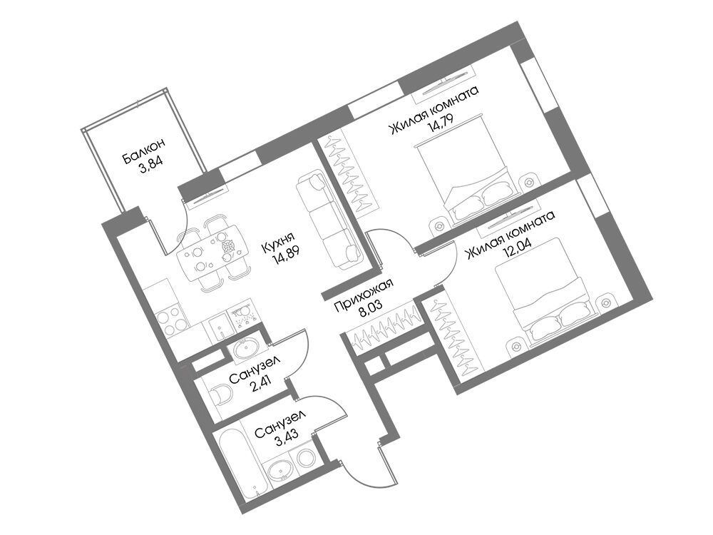 Планировка: 2-комн. квартира 56.74 м² в новостройке Резиденция Рощино