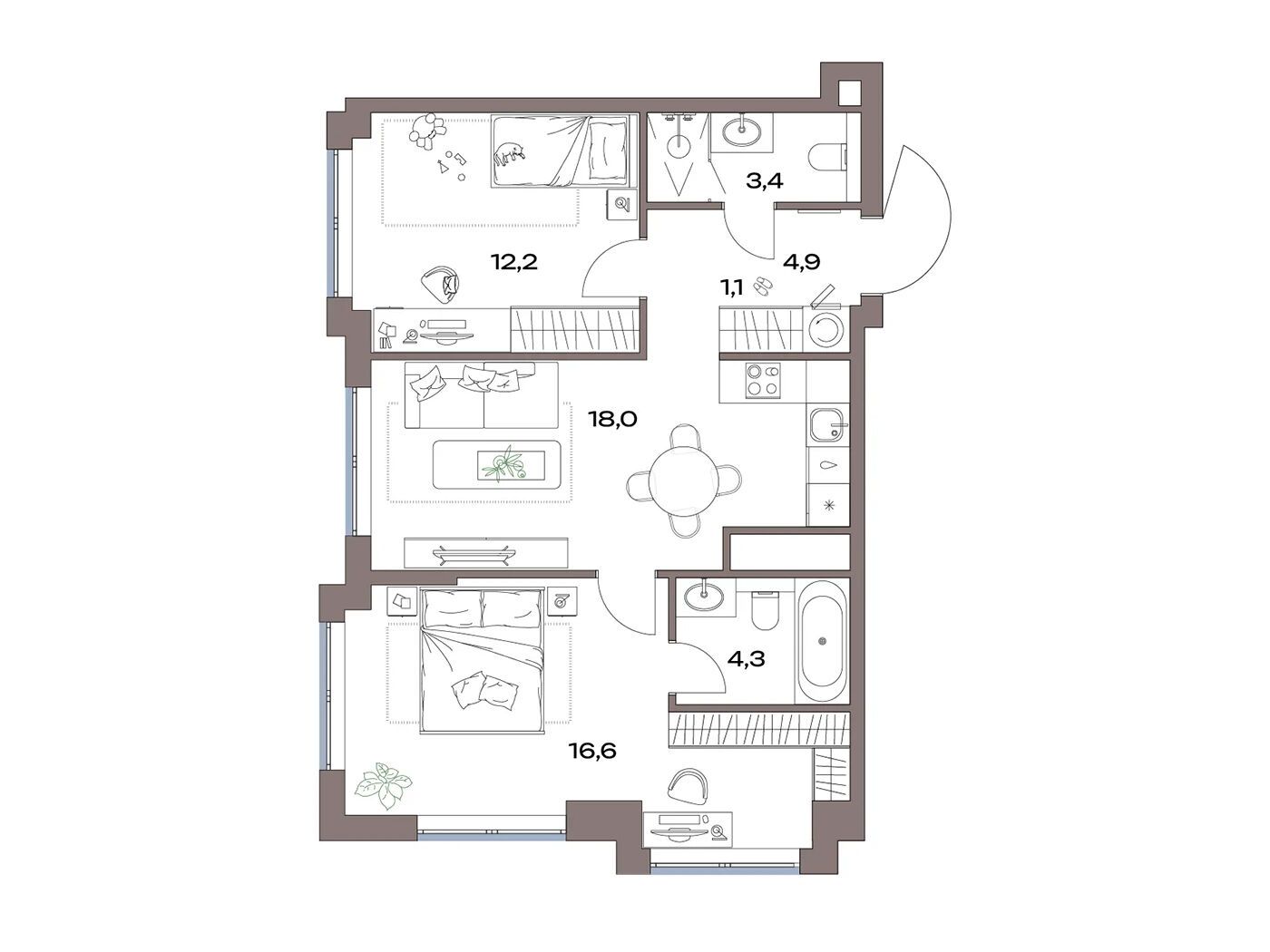 Планировка: 2-комн. квартира 61.70 м² в новостройке Акценты
