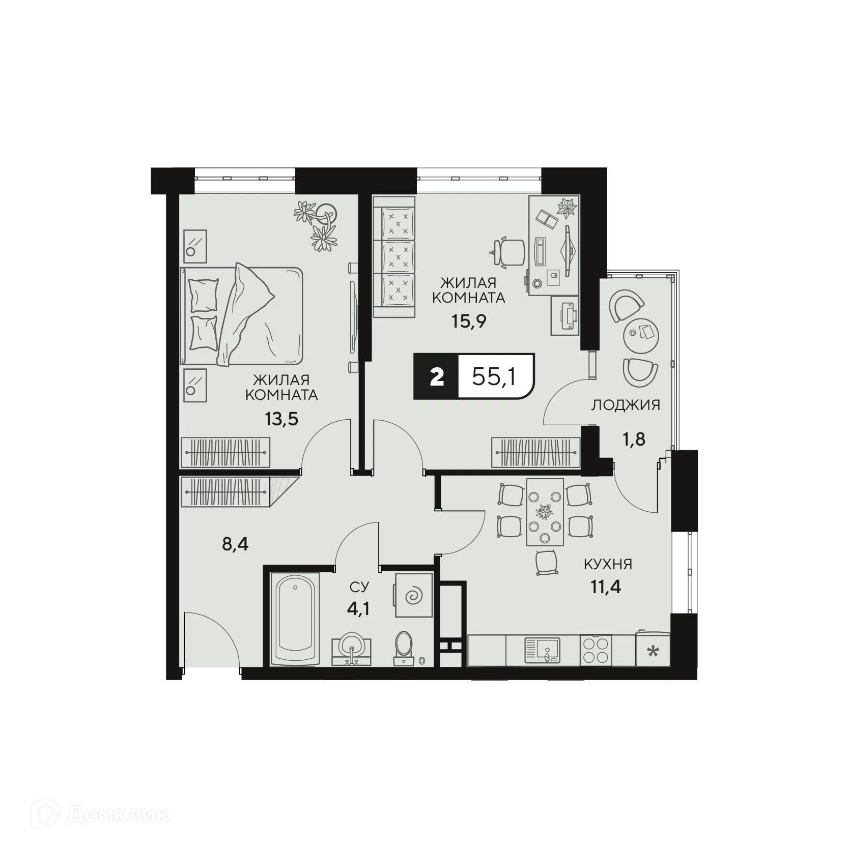 Планировка: 2-комн. квартира 55.10 м² в новостройке 18/3