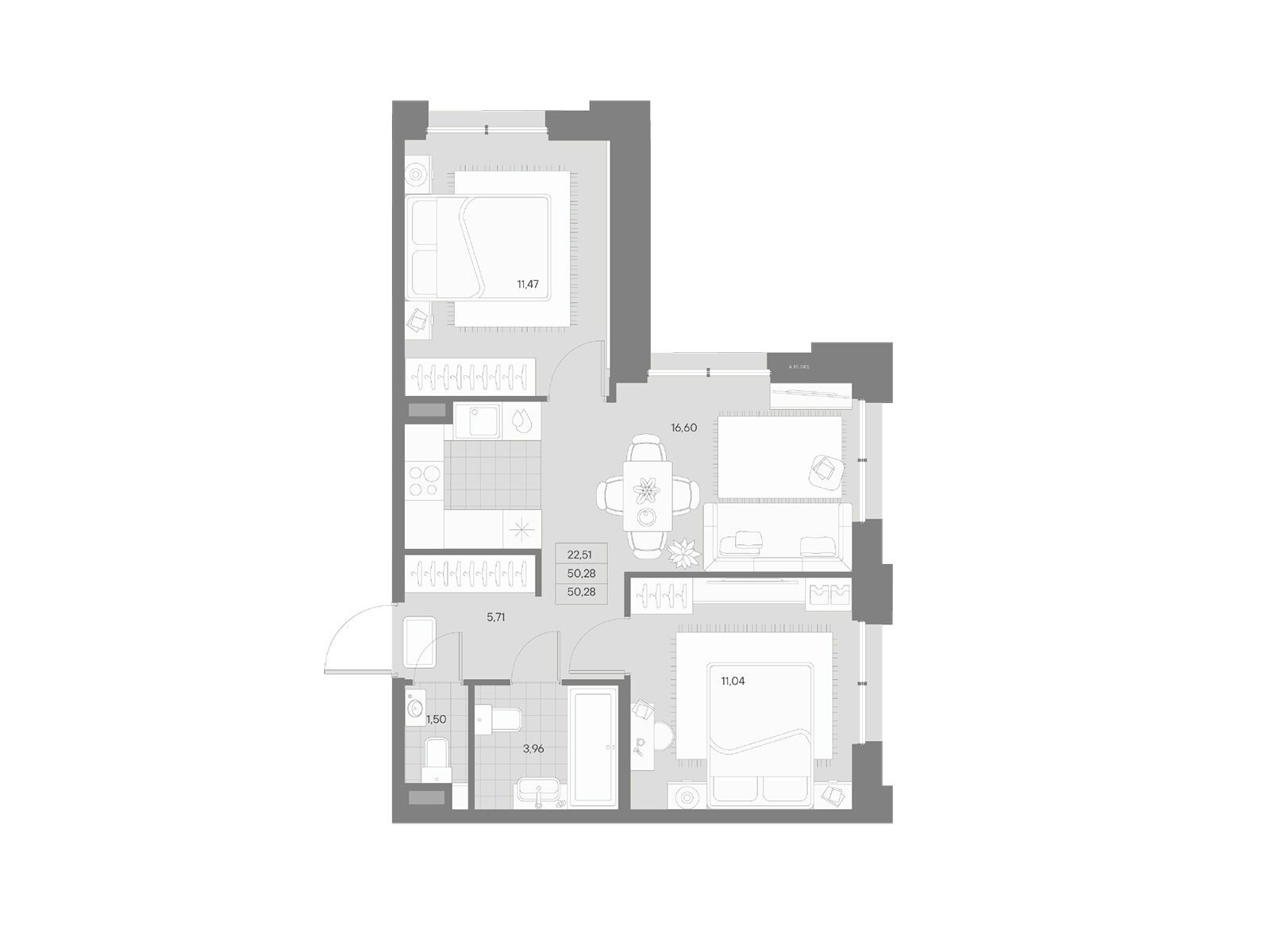 Планировка: 2-комн. квартира 50.28 м² в новостройке Альпен